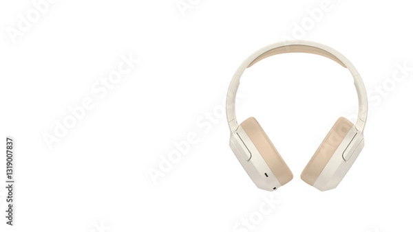 Fototapeta Closeup of cream-colored headphones, isolated on white background.