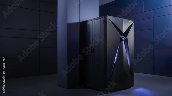 Obraz Futuristic supercomputer with glowing blue lights in a high-tech minimalist environment, showcasing advanced technology and innovation with ample copy space for design