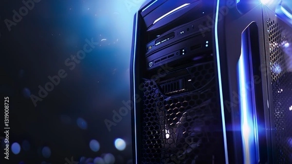 Obraz Futuristic supercomputer with glowing blue lights in a high-tech minimalist environment, showcasing advanced technology and innovation with ample copy space for design