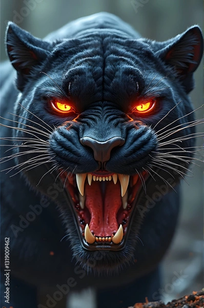 Fototapeta Create a totally angry panther face with blue light eyes and Metallica look