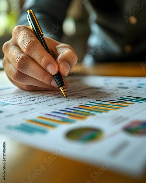 Fototapeta Close-up of a hand meticulously reviewing detailed financial charts and graphs using a pen