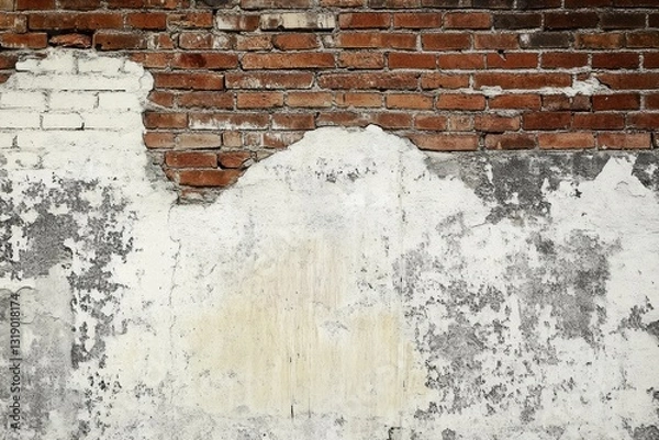 Fototapeta Weathered red brick wall with peeling white paint texture. AI image