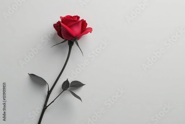 Fototapeta Single long stem red rose in monochromatic silver tone, flower, simple, silver