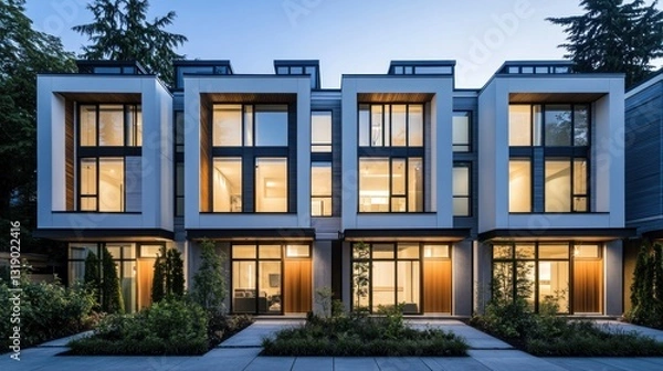 Obraz Modern Townhomes with Illuminated Windows