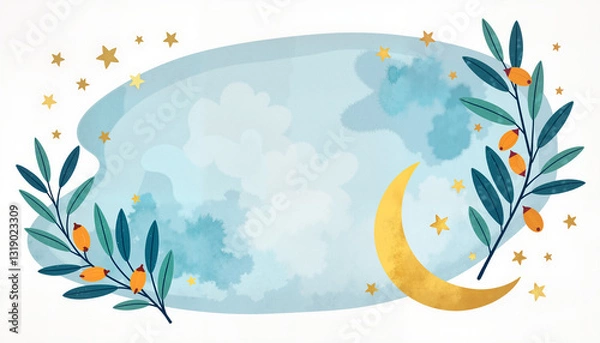 Fototapeta Minimalist Ramadan invitation with crescent moon and date palm, elegance