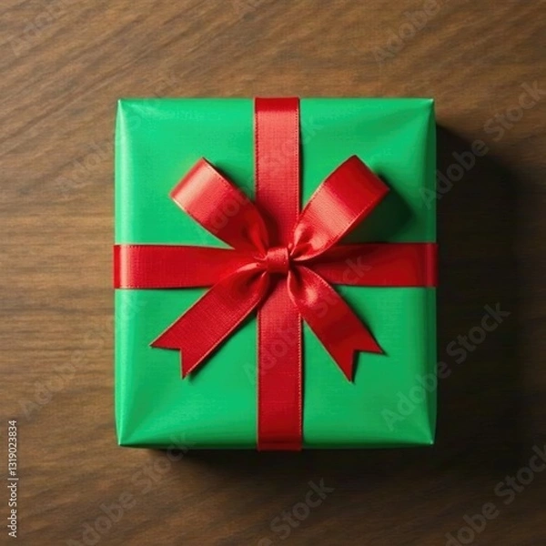 Obraz Green and red gift wrap with a bow tied around a gift box on a wooden table, gift, ribbon