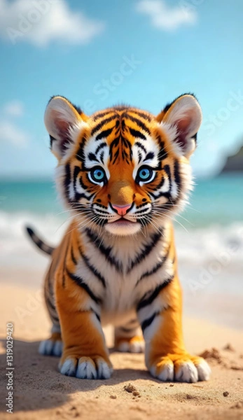 Fototapeta A hyper-realistic close-up of an adorable tiger cub standing on a sandy beach with ocean waves gently rolling in the background. The cub's fur is a rich blend of vibrant orange, deep black stripes, an