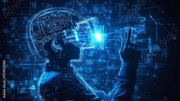 Fototapeta Futuristic holographic interface with neon blue circuit patterns in digital space
