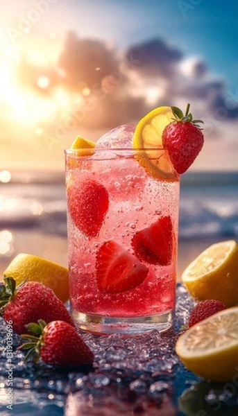 Fototapeta fresh squeezed strawberry lemonade in a glass