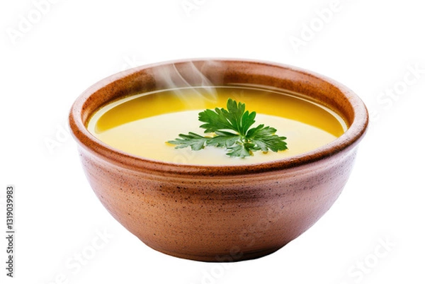 Fototapeta A steaming bowl of delicious soup garnished with fresh cilantro leaves., transparent background.