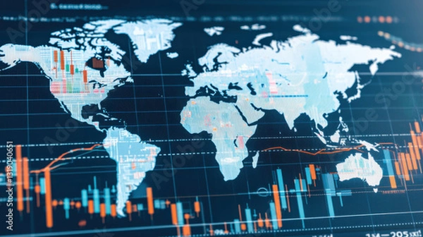 Fototapeta Vibrant world map with financial data overlays, showcasing global market trends.