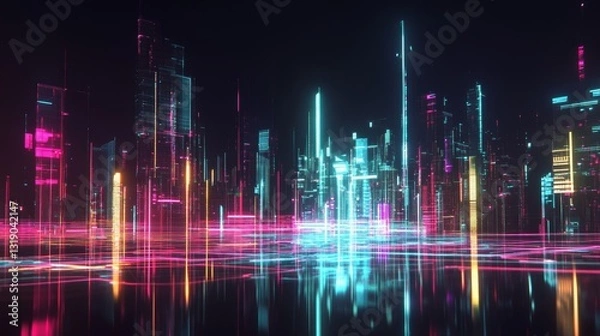 Obraz Futuristic digital cityscape overlay with neon gridlines and holographic elements
