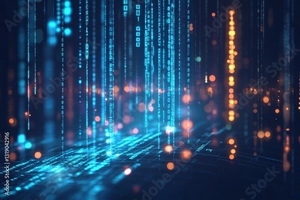 Fototapeta Abstract data visualization with cascading binary code and glowing particles
