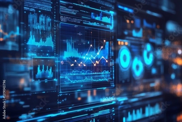 Obraz Sleek digital interface with real-time analytics and neon blue graphs

