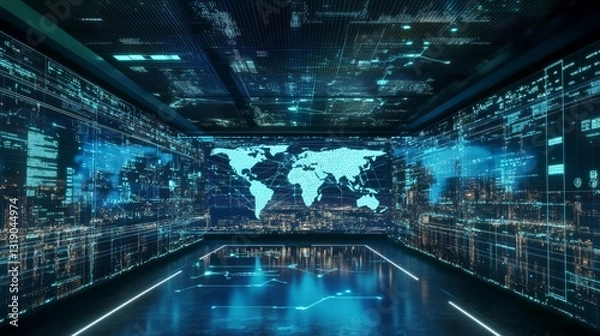 Obraz Immersive holographic global digital map with glowing nodes and interconnecting lines
