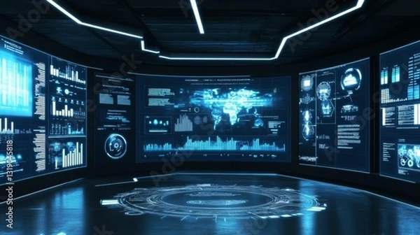 Obraz High-tech virtual reality control center with floating holographic screens

