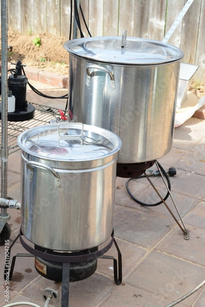 Obraz Two home brew kettles boiling wort with propane tank
