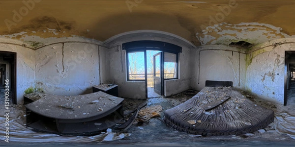 Fototapeta A captivating 360 HDRI panorama of an abandoned and ruined hotel room, showcasing the haunting beauty of decay. The high-dynamic-range imaging reveals intricate details like peeling wallpaper.