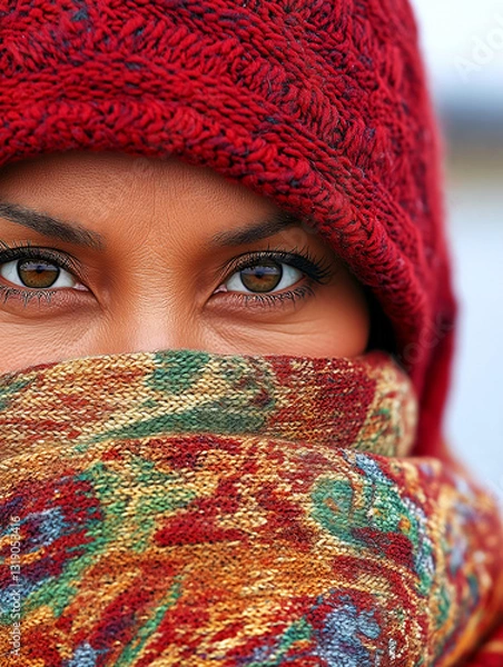 Fototapeta Woman wearing red woolen hat and colorful scarf looking at camera