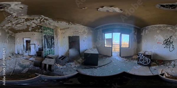 Obraz A captivating 360 HDRI panorama of an abandoned and ruined hotel room, showcasing the haunting beauty of decay. The high-dynamic-range imaging reveals intricate details like peeling wallpaper.