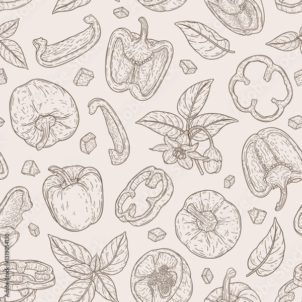 Fototapeta Line art seamless pattern with peppers, slices, halves, pieces, flower, branch and leaves. Linear organic vegetable concept. Natural hand drawn background for print, wrapping paper, fabric, banner