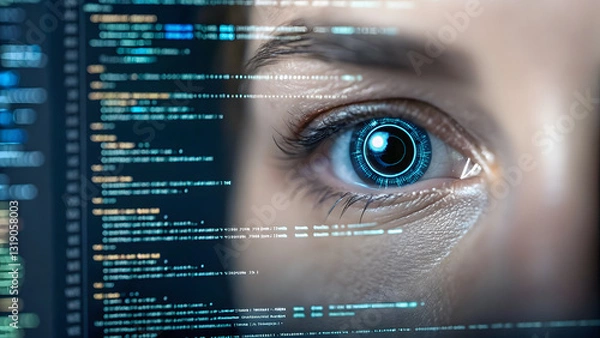 Fototapeta large language model artificial intelligence robotic eye scanning digital code, highlighting data analysis and technology