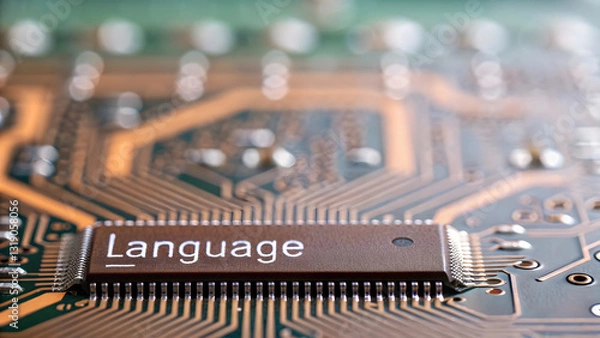 Fototapeta large language model artificial intelligence Microchip on circuit board with Language text, symbolizing technology