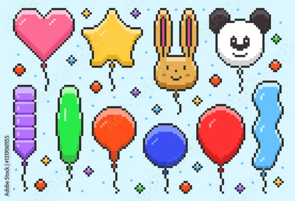 Fototapeta Balloons of Different Shapes and Colors in Pixel Art. Vector Illustration