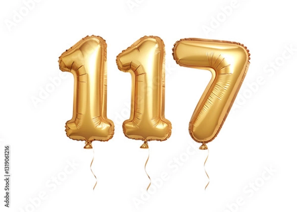 Fototapeta 117 Number Shiny Gold Balloon, Celebratory Foil Balloon Decoration. isolated on transparent background, Helium balloons font.