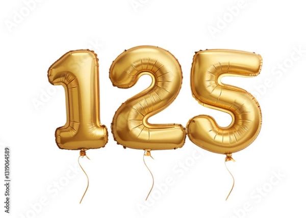 Fototapeta 125 Number Shiny Gold Balloon, Celebratory Foil Balloon Decoration. isolated on transparent background, Helium balloons font.