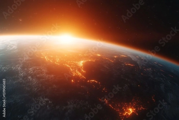Fototapeta Cosmic sunrise over planet, breathtaking view of Earth with glowing horizon, vibrant colors blending in space, ideal for inspiration.