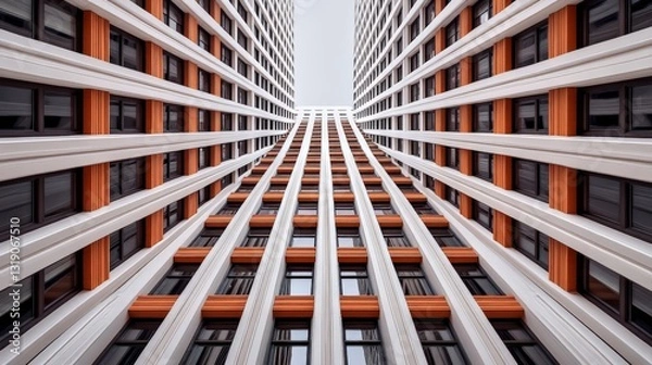 Fototapeta Modern skyscraper with a bold geometric facade in a worm’s eye view perspective emphasizing architectural symmetry and urban density in a futuristic corporate city environment