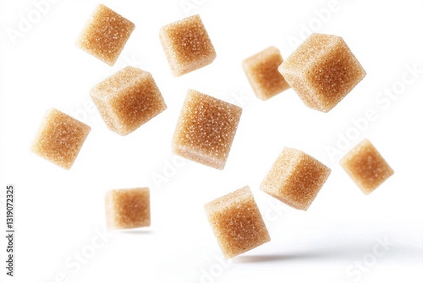 Obraz Floating brown sugar cubes in a white background, highlighting sweetness and texture. isolated on white background.