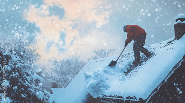 Obraz Man Shoveling Snow from Roof During Winter Storm at Sunrise Hours