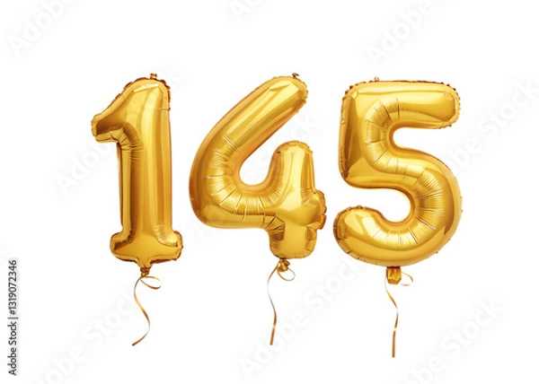 Fototapeta 145 Number Shiny Gold Balloon, Celebratory Foil Balloon Decoration. isolated on transparent background, Helium balloons font.