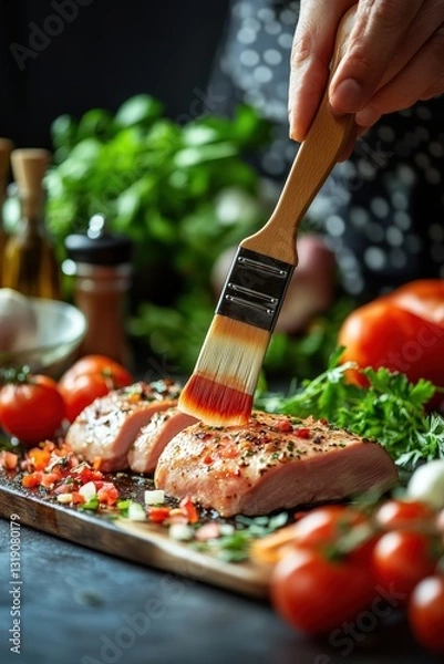Fototapeta raw marinated turkey breasts being seasoned with a brush, with vibrant colors of the marinade