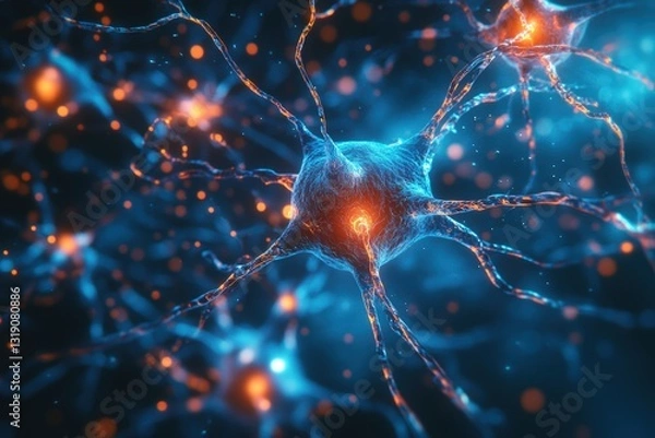 Fototapeta human neural network, including a close-up of several types of neurons (motor, sensory, interneurons) and their synaptic connections