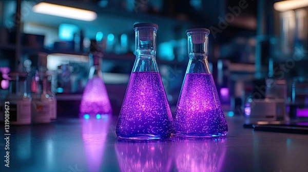 Fototapeta Illuminated Flasks With Vibrant Purple Liquid on a Laboratory Bench During a Cool Evening Experiment