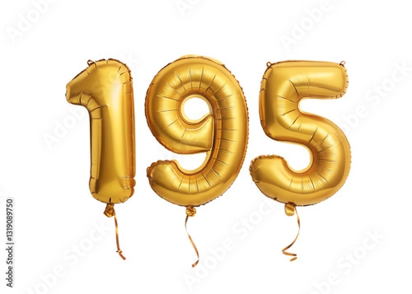 Fototapeta 195 Number Shiny Gold Balloon, Celebratory Foil Balloon Decoration. isolated on transparent background, Helium balloons font.