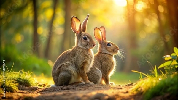Fototapeta Golden Hour Companions Two Brown Rabbits Sitting Together in a Forest Meadow at Sunset