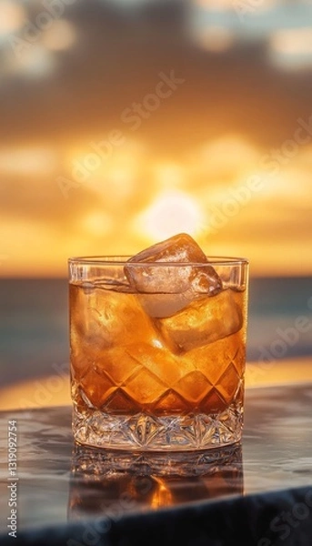 Fototapeta artisan whiskey sour cocktail in a glass with ice at a bar on the beach