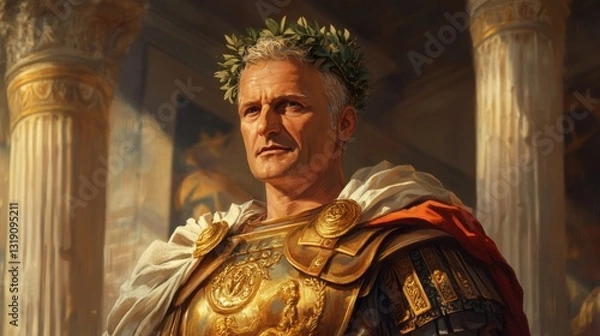 Fototapeta A Majestic Portrait of Caesar Augustus: Roman Emperor in Golden Armor and Laurel Wreath