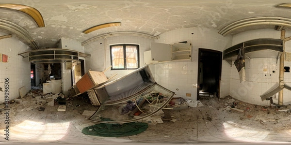 Fototapeta A captivating 360 HDRI panorama of an abandoned and ruined hotel room, showcasing the haunting beauty of decay. The high-dynamic-range imaging reveals intricate details like peeling wallpaper.