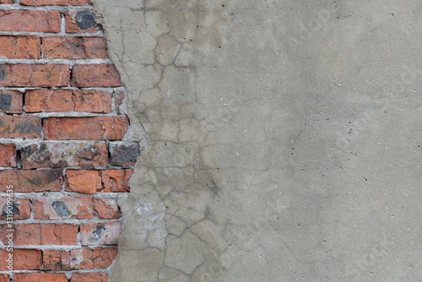 Fototapeta Wall with fallen off cement plaster. Texture old wall with some of gray cement plaster fell off, revealing masonry made of red weathered brick, background whit a lot of copy space, high resolution.