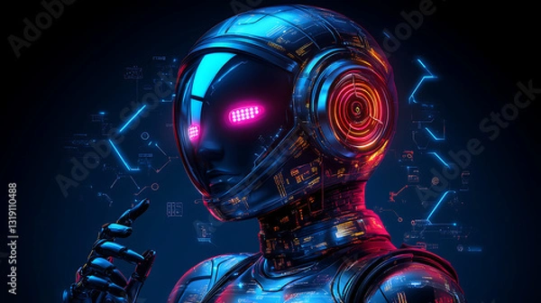 Fototapeta Futuristic robot head with glowing eyes and technological interface.