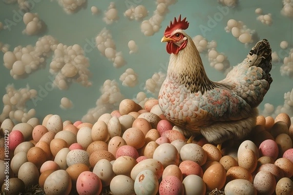 Obraz A motley hen interspersed with blue and pink feathers sits on a large pile of variegated eggs - brown, pink, bluish, olive.
