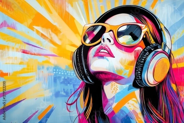 Obraz A young girl in headphones and sunglasses listens to music with abandon. 
