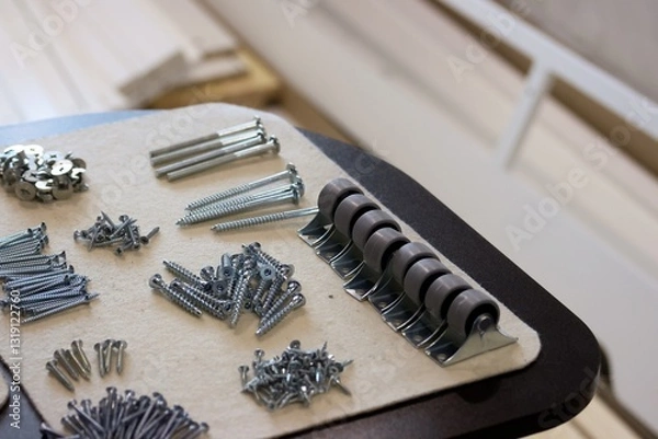Fototapeta Set of fasteners for assembling an ottoman. Laid out for convenience. Close-up view.
