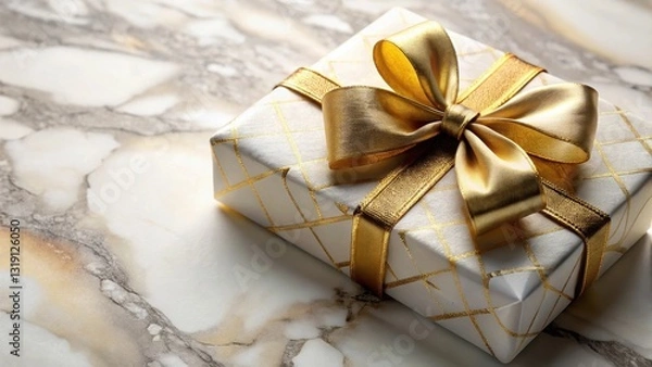 Fototapeta A luxurious marble gift wrapped in a golden ribbon with intricate designs and patterns, decorative, premium