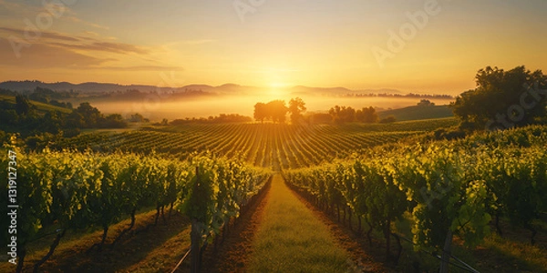 Fototapeta Sunrise Over a Vineyard with Lush Greenery for a Serene Countryside Scene